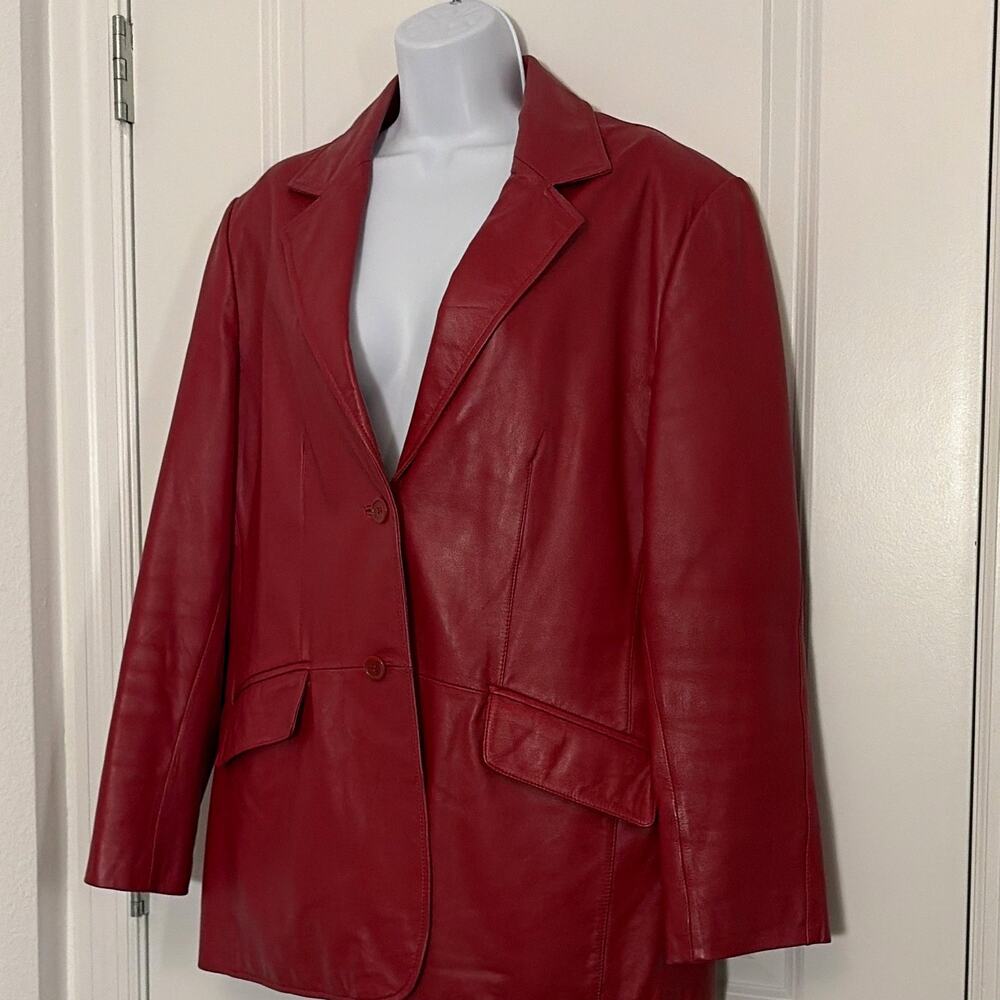Pamela McCoy Red Genuine Leather Blazer Jacket Button Lined L flaw see pic